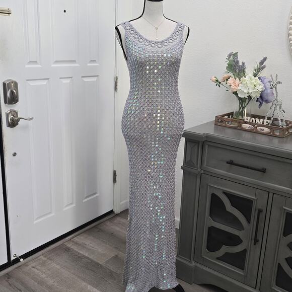 Women's Hand Crochet Sequin Sparkly Gown Shawl Silver S Formal Elegant DiscoLuxe - Picture 2 of 16